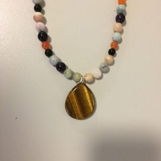 Onyx, Amethyst, Carnelian, Morganite Sterling Silver Chain Necklace with Tiger Eye pendant