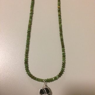 Green Peruvian Opal Necklace with Black Tourmaline Pendant with Sterling Silver Chain/Findings