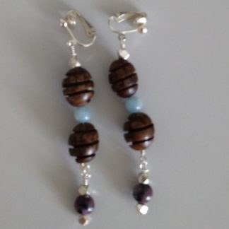Aquamarine, Charoite, Wood Beads with Sterling Silver Beads Ear-Rings